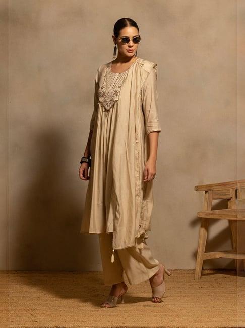 Sabhyata Beige Regular Fit Embroidered Kurta with Pant and Dupatta