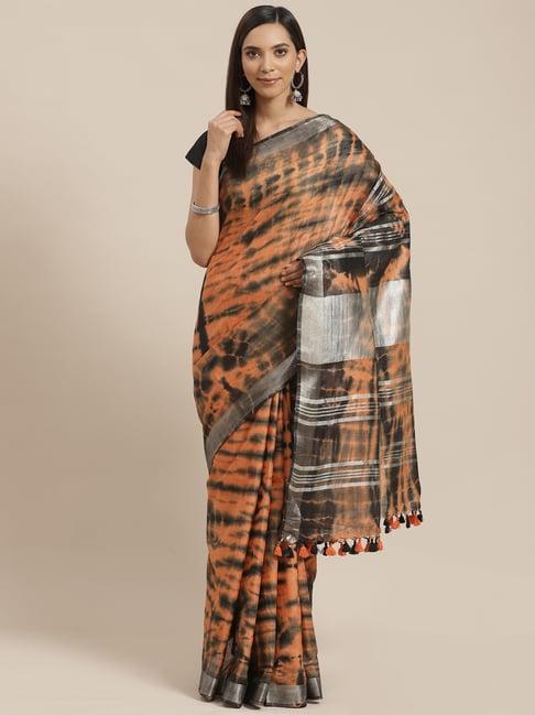 Kalakari India Orange Linen Tie & Dye Saree With Unstitched Blouse