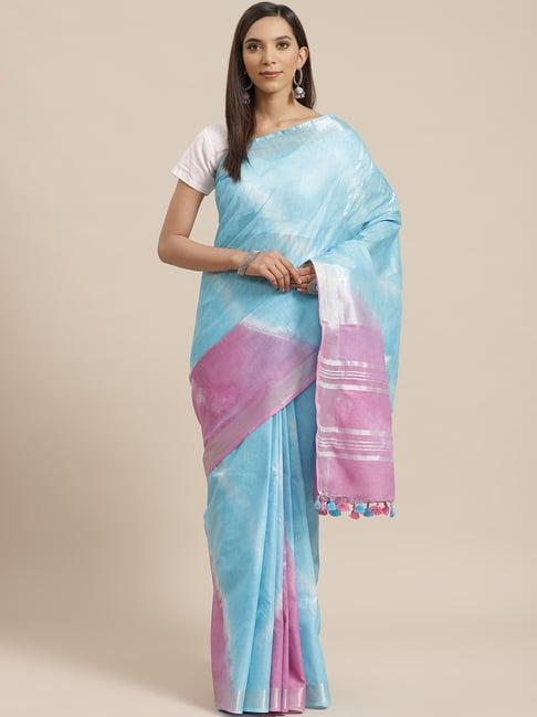 Kalakari India Blue & Pink Linen Tie & Dye Saree With Unstitched Blouse