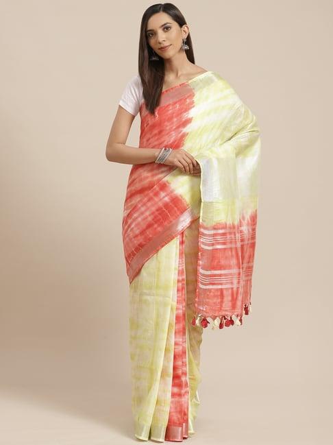 Kalakari India Yellow & Red Linen Tie & Dye Saree With Unstitched Blouse