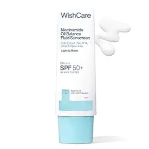 WishCare Niacinamide Oil Balance Fluid Sunscreen SPF 50 PA++++ In-Vivo Tested | 8Hrs+ SPF Protection | Lightweight, Matte & No White Cast | Photostable Sunscreen SPF 50 For Oily Skin, Sensitive, Dry & Combination Skin | For Women & Men | 50 ml