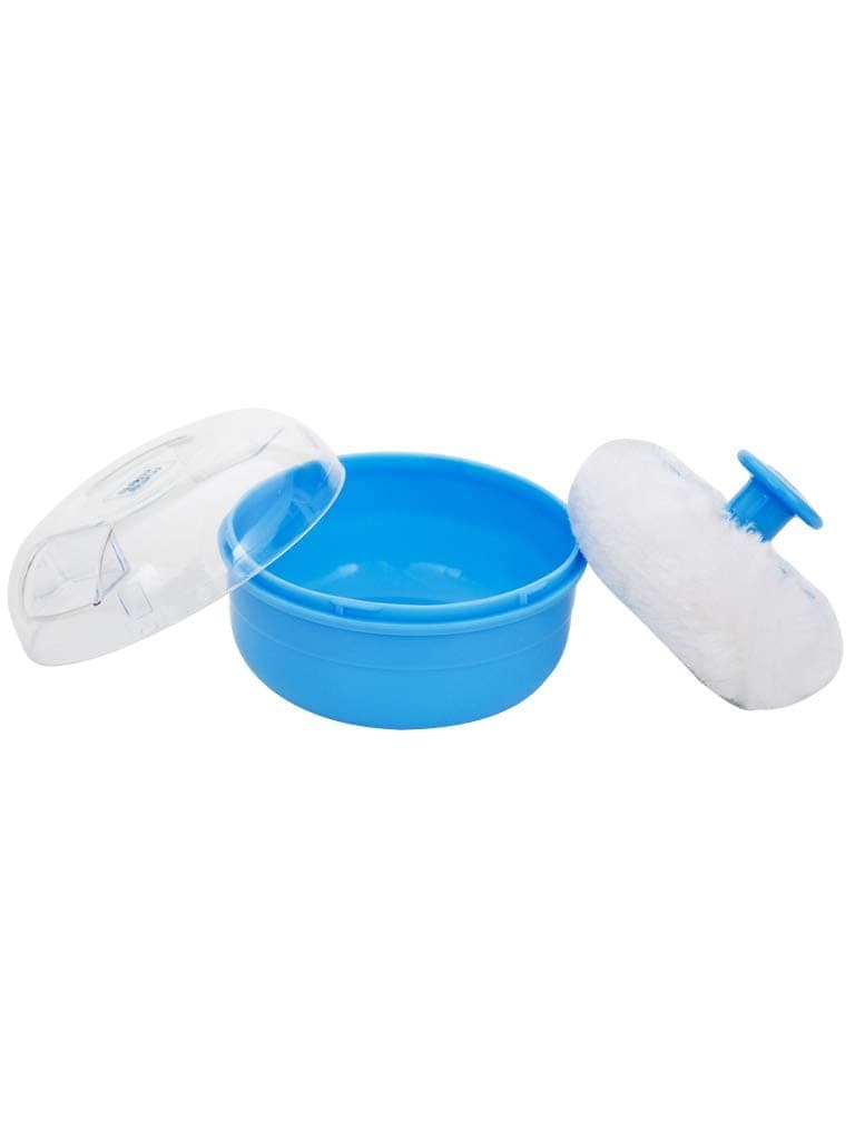 Mee Mee Soft Feel Powder Puff with Box Holder | Material: BPA-Free Plastic & Soft Cotton Puff | Key Ingredients (for powder use): Talc Compatibility Safe | Portable Baby Grooming Case (Blue)