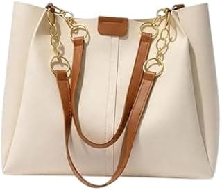 KEALIN Women Stylish Cream Tote Bag with Double Chain Handles | Large Capacity Shoulder Handbag | PU Leather Office, Shopping & Travel Handbag for Women & Girls