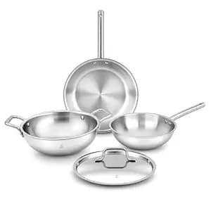 Omichef Triply Cookware Set with Pipe Handles | Kadhai (1.9 L) + Frypan (1.1 L) + Wok (1.9 L) | 20 cm Each | ISI Certified Stainless Steel | Induction Friendly, 100% Toxin Free | 5 Year Warranty