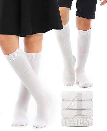WKLOUYHE Kid's Knee High Cotton Socks for Girls Boys and Toddlers, Solid Color Long School Uniform Socks_Pack Of 04,White_14-15 Years