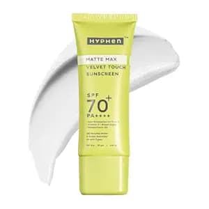 Hyphen Matte Max Velvet Touch Sunscreen Spf 70+ Pa++++|Sun Protection|Sun Shield|Moisturizes And Soothes Skin|12 Hrs Uva-Uvb Protection|Sunscreen Spf No White Cast, Combination & All Skin Types-30G