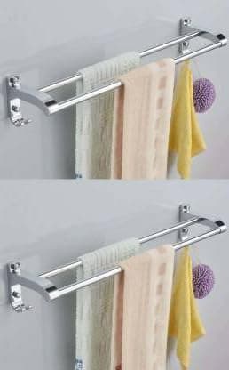 iSTAR Double Rod Towel Rod Silver Towel Holder (Stainless Steel) 24 inch Longer 2 Bar Towel Rod (Stainless Steel Pack of 2)