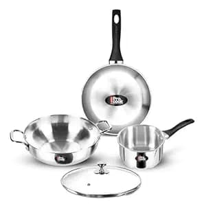 Milton Pro Cook Induction Cookware & Gas Stove Friendly Stainless Steel Sandwich Bottom 4 Pc Kitchen Set | Cooking Pan | Sauce Pan | Kadhai with Lid | Durable Cookware Set | 2 Year Warranty