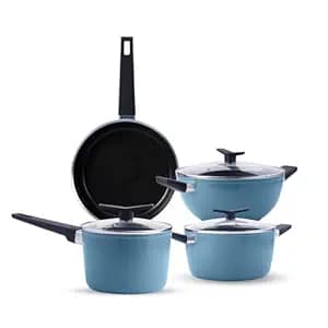 Tramontina Aura Cookware Set of 7 Kadhai 28cm with Lid, Fry Pan 24cm, Sauce Pan 16cm, Casserole 24cm with Lid | Reinforced Ceramic Non-Stick | Low-Oil Cooking | Bakelite Handle | Blueberry