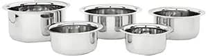 Amazon Brand - Solimo Tope Set of 5 | Stainless Steel | 420 ml, 550 ml, 840 ml, 1150 ml & 1550 ml | Induction and Gas compatible | Silver