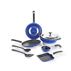 Crystal Eco Plus 8-pc Non-Stick Cookware Set, PFOA Free, Tawa, Kadhai with SS Lid, Fry Pan, Vagariya, Mini Grill Pan, 2 Spatulas, Multicolor