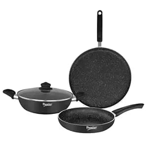 Prestige Omega Deluxe Granite Aluminium 3 Pcs Set- Tawa, Fry Pan & Kadai with 1 Glass Lid|Non-Stick|Spatter-Coated Surface|Induction & Gas Compatible|Black