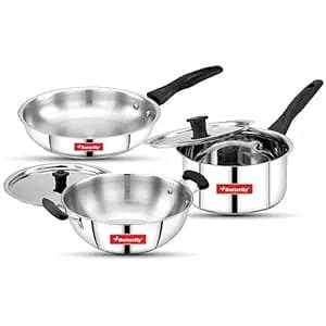 Butterfly Classic Stainless Steel Cookware 5 Pcs Set|Fry Pan 22Cm(1.4L)|Kadai 22Cm(2.2L)|Saucepan 16Cm(1.6L) with Steel Lids|Induction Base,Triply Bottom|Even,Fast Cooking with Less Oil,Silver