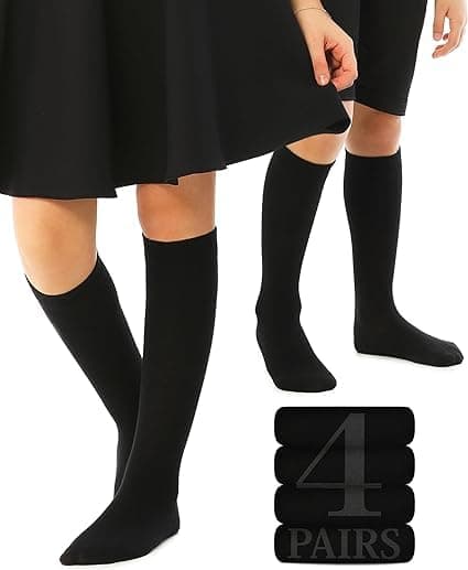 WKLOUYHE Kid's Knee High Cotton Socks for Girls Boys and Toddlers, Solid Color Long School Uniform Socks_Pack Of 04,Black_7-8 Years