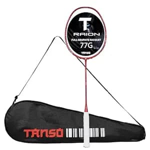TANSO Raion SS Strung Badminton Racket (34 Lbs Tension, Recommended by Padukone School of Badminton, 77 Grams Ultra Light Weight Full Carbon Fiber with Premium Strings and Full Racquet Cover)