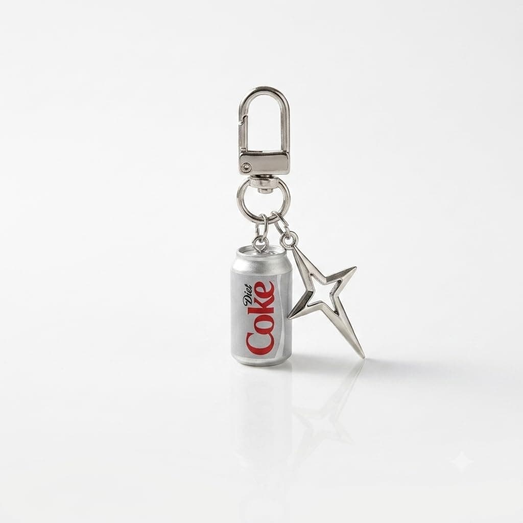 Diet Cokke Mini Can Keychain with Silver Star Charm, Novelty Bag Accessory