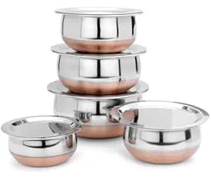 LiMETRO STEEL Set of 5 Copper Coated Stainless Steel Handi Set/Serving Set with Lid (Capacity : 0.5 LTR, 0.75 LTR, 1 LTR, 1.5 LTR & 2 LTR)
