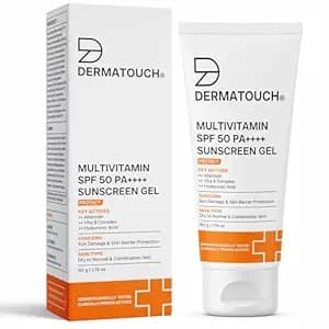 DERMATOUCH Multivitamin SPF 50 PA++++ Sunscreen Gel | Broad Spectrum UVA-UVB Protection | Zero White Cast | Helps Reduce Sun Damage & Skin Barrier Protection | For All Skin Types | 50g