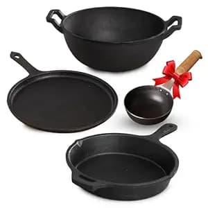 The Indus Valley Pre-Seasoned Cast Iron Cookware Set + Free Tadka Pan | Tawa (25.7cm)+Kadai (25.4/3.2L)+Fry Pan (25cm/1.6L) | Kitchen Cooking Combo Pots and Pans Set of 3Pc | Naturally Nonstick Black