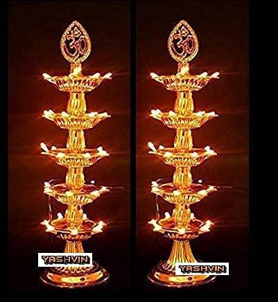 Yashvin Golden 35 Deep 5 Layer Ganpati Festival Jyot Light for Mandir Trusted-Tested 5 Layer Electric Diya for Pooja Room Deepak Pooja Diya Light ||Pack of 2|| EB157