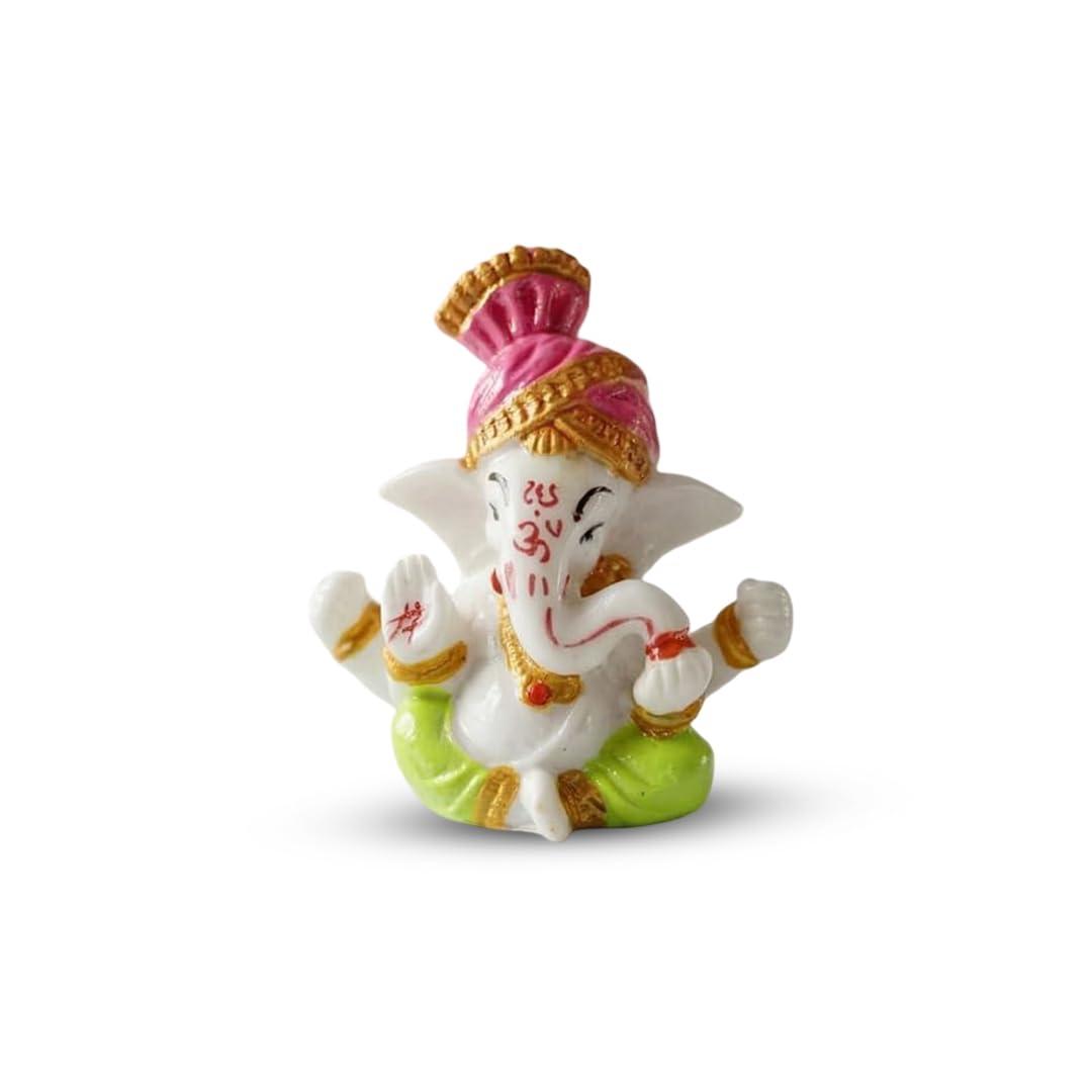 White Ganesha Idol with Green Dhoti – Mini Ganpati Murti for Car Dashboard, Small Ganesha Statue for Home Temple Decor, Ganesh Idol for Puja Mandir, Office Desk, Good Luck Gift, Diwali Return Gift