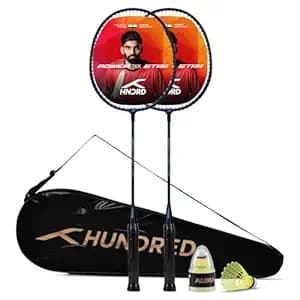 Hundred Powertek Star Badminton Racket Set – 2 Strung Rackets with Full Cover & 2 Nylon Shuttlecocks | Lightweight, Durable, Ideal for Beginners & Match Play