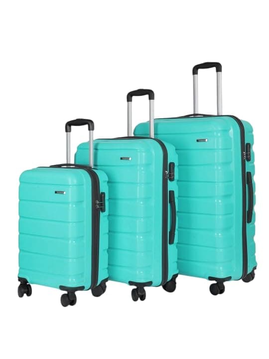 Teakwood Small-Medium-Large 8 Wheels Trolley Bag, Hard Cabin with Zipper Closure, Adjustable Push Button & Cross Side Strap, TSA Lock System 360 Degree (Set of 3, Aqua Green)