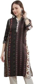 MAYSIXTY Women’s Geometric Print Kurta Woven Fabric Mandarin Collar 3/4 Sleeves Regular Fit - Black
