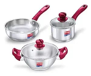 Prestige Stainless Steel 3 Pc Cookware Set with 2 Glass Lids | Platina Popular | Fry Pan 22cm/1.9L | Kadai 22cm/2.25L | Sauce Pan 16cm/1.5L | Gas & Induction Compatible |TRIPLY Base |5Y Warranty |ISI