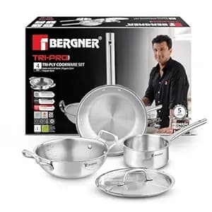 Bergner Tripro Triply Stainless Steel 4 Pc Cookware Set, 24 cm Indian Wok/Kadai with Lid, 22 cm Frypan, 16 cm Tea Pan, Even and Fast Heating, Induction Bottom, Gas Ready, Silver