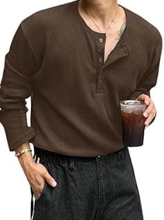 Valaar Vici Men's Textured Fabric Solid Color Basic Half-Open Collar T-Shirt, Fall Long Sleeve