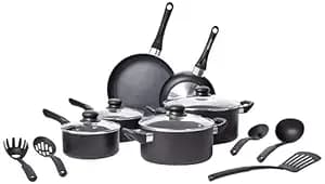 amazon basics Aluminum Non-Stick 15 Piece Cookware Set | 2-Way 3 Layer Non-Stick Coating | PFOA Free | High Temperature Resistant Exterior Coating, Black