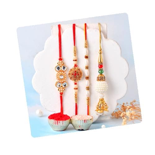 CraftVatika Rakhi Set of 4 Kundan Rakhi Combo for Brother and Bhabhi Kids, Rakhis for Rakshabandhan, Designer Rakhis Set for Brother Kundan Rakshabandhan Lumba for Bhabhi, Best Wishes Card & Tillak Set