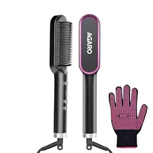 AGARO Hair Straightening Brush, Hair Straightening Comb For Women, Fast Heating, Ionic Care, 5 Heat Settings, Hair Straightener, Hot Brush, Gives Naturally Straight Hair in 5 Mins, Black, HSB2107