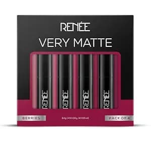 RENEE Very Matte Pack of 4 Matte Lipsticks - Berries, Intense Color Pay Off, Full Coverage, Long Lasting & Weightless, Easy Glide Formula With Velvety Finish, Suitable for All Occasion & Gifting