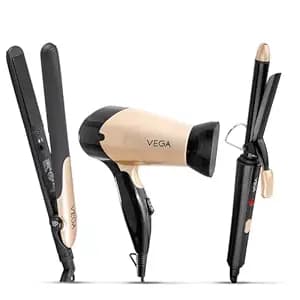 Vega Miss Versatile Styling Set Straightener, Curler & Dryer Gift Combo for Women, 1000W Hair Dryer with 2 Head/Speed Setting, Hair Straightener & Curler Comes with Ceramic Coated, (VHSS-03), Black