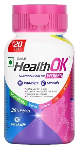Mankind Health OK Women Multivitamin 30 Tablets – Strawberry Flavour, Pure Vegetarian, 19+ Essential Vitamins & Minerals with Biotin & Ginseng | Hair Skin Nails, Energy & Bone Health Support