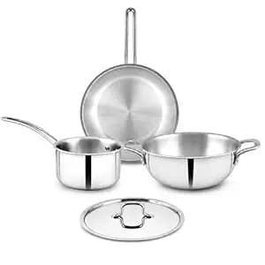 LUMORA Triply Stainless Steel Cookware Set, 4 Pcs – 24 cm Kadai with Lid (2.4 L), 22 cm Fry Pan (1.5 L) & 16 cm Sauce Pan (2 L), Heavy Bottom, Less Oil Cooking, Induction & Gas Compatible