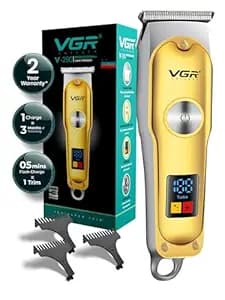 VGR V-290 Professional Hair Trimmer for Men | Precision T-Blade, Turbo Mode | 120 Min Runtime & LED Display | USB Type-C Charging with Corded & Cordless Use - Gold
