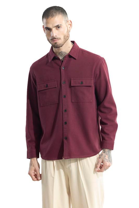 SNITCH Men's Plain Overshirt | Casual Wear| College Holiday Streetwear Style | Cotton Spread Full Sleeve Relaxed Fit Maroon