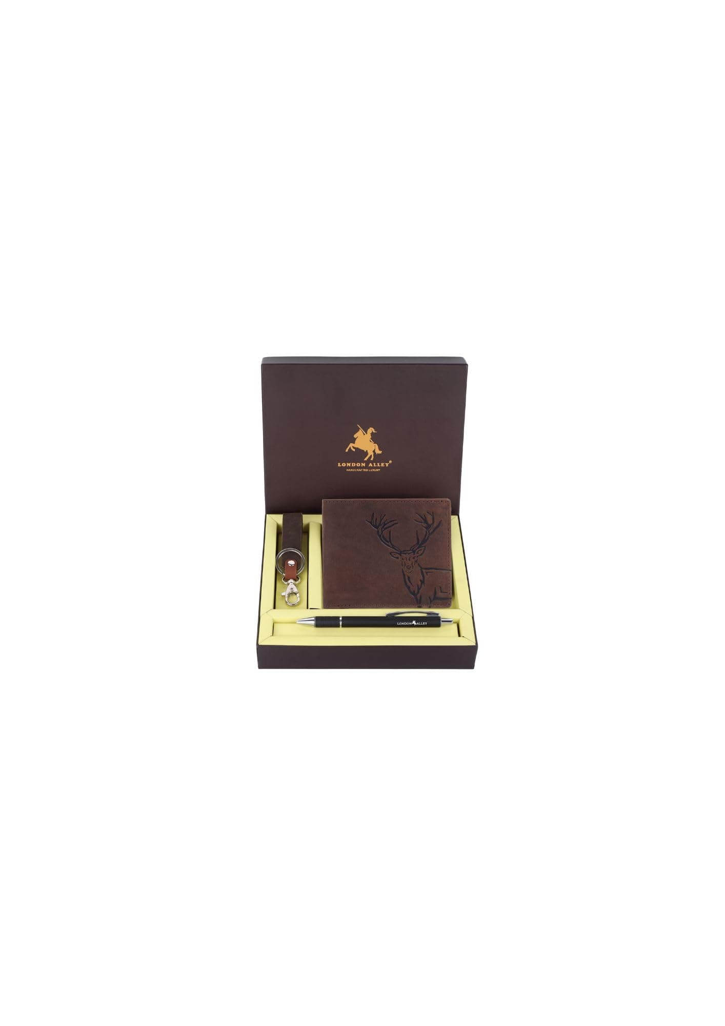 LONDON ALLEY Jason Vintage Brown Leather Wallet, Keyring & Pen Combo Gift Set for Men | Gift Hamper for Men