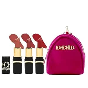 LoveChild Masaba Pocket Mini Lipstick Gift Set, Pack of 3 with FREE Pouch, Hydrating & Long-Lasting Matte Finish, 1.5g Each, Shades for All Skin Tones, Compact & Travel-Friendly Gift Pack, Combo B
