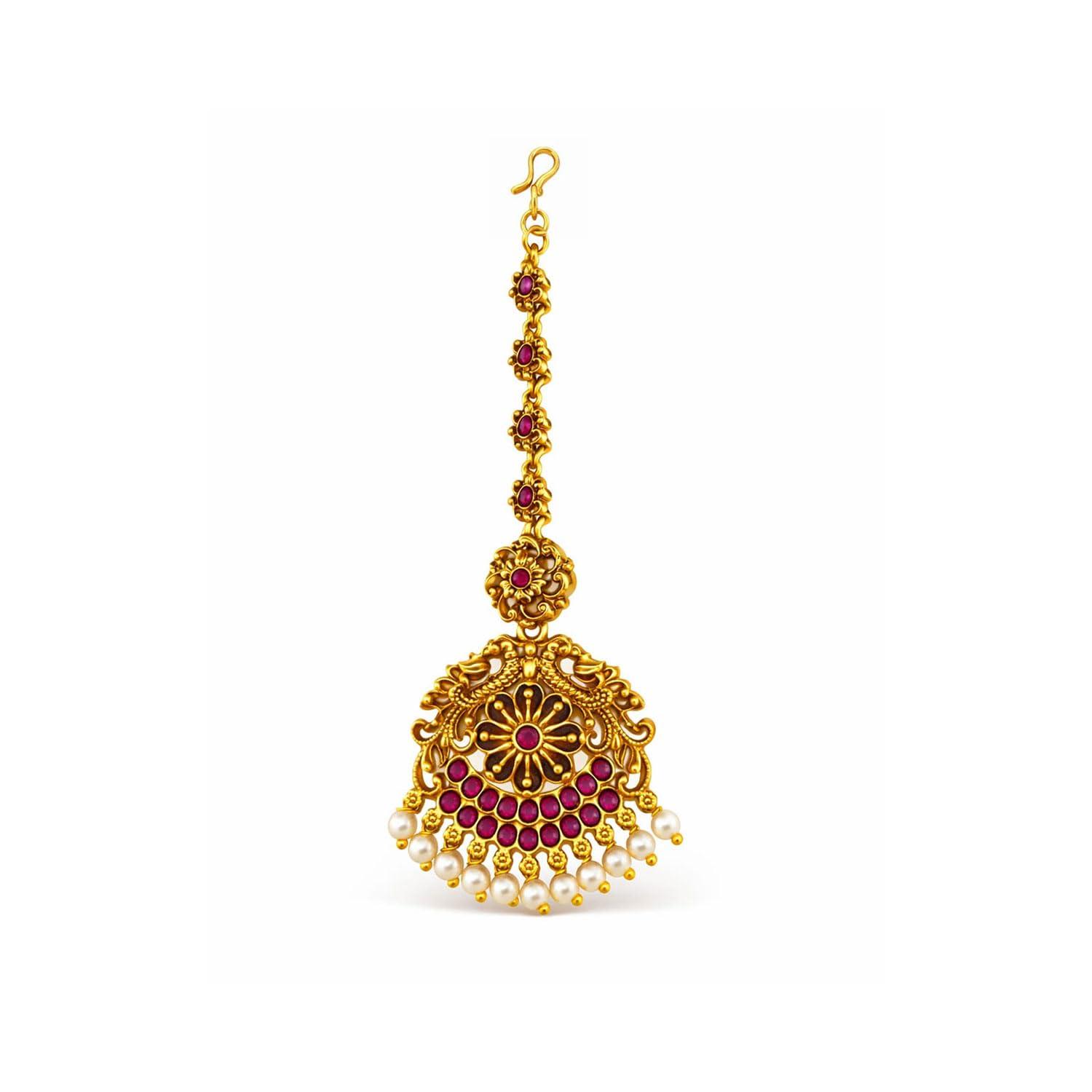 VAMA FASHIONS Traditional Matt Gold Plated Pearl CZ Stone Flower Design Temple Maang Tikka Papdi Billa Wedding Maangtikka For Girls (Ruby Mangtikka)
