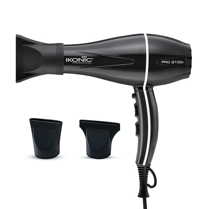 IKONIC Pro 2100+ Hair Dryer 2000 Watts, Black, 3 Heat And 2 Speed Settings, Cool Shot, Low Noise Function Interchangeable Nozzles, Professional Styling, For Women And Men, All Hair Type