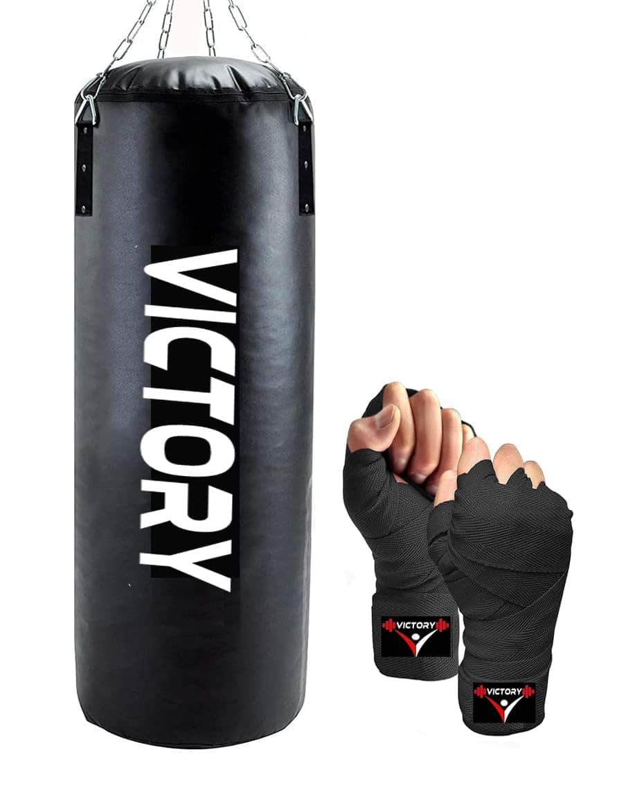 Victory Heavy Synthetic Leather Boxing Punching Bag Black | Hand Wrap | Stainless Steel Hanging Chain | Boxing | MMA | Kickboxing | Muay Thai | Karate | Judo | Taekwondo (5 Feet)