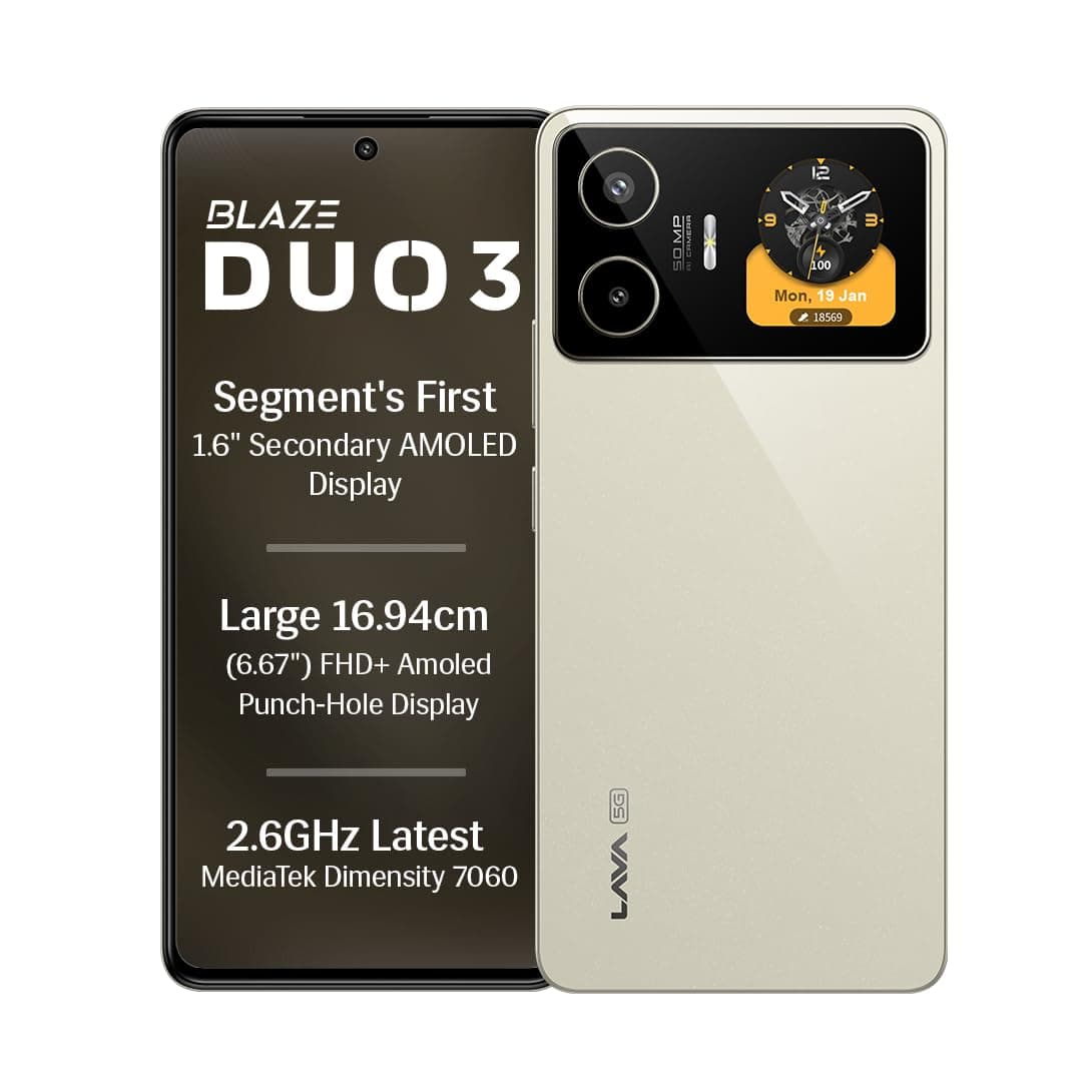 Lava Blaze Duo 3 5G (Imperial Gold, 6GB RAM, 128GB Storage) | MTK D7060 Processor | 6.67" FHD+ AMOLED Display | 50MP AI Camera with 2K Video Recording | Dual Screen AMOLED Display