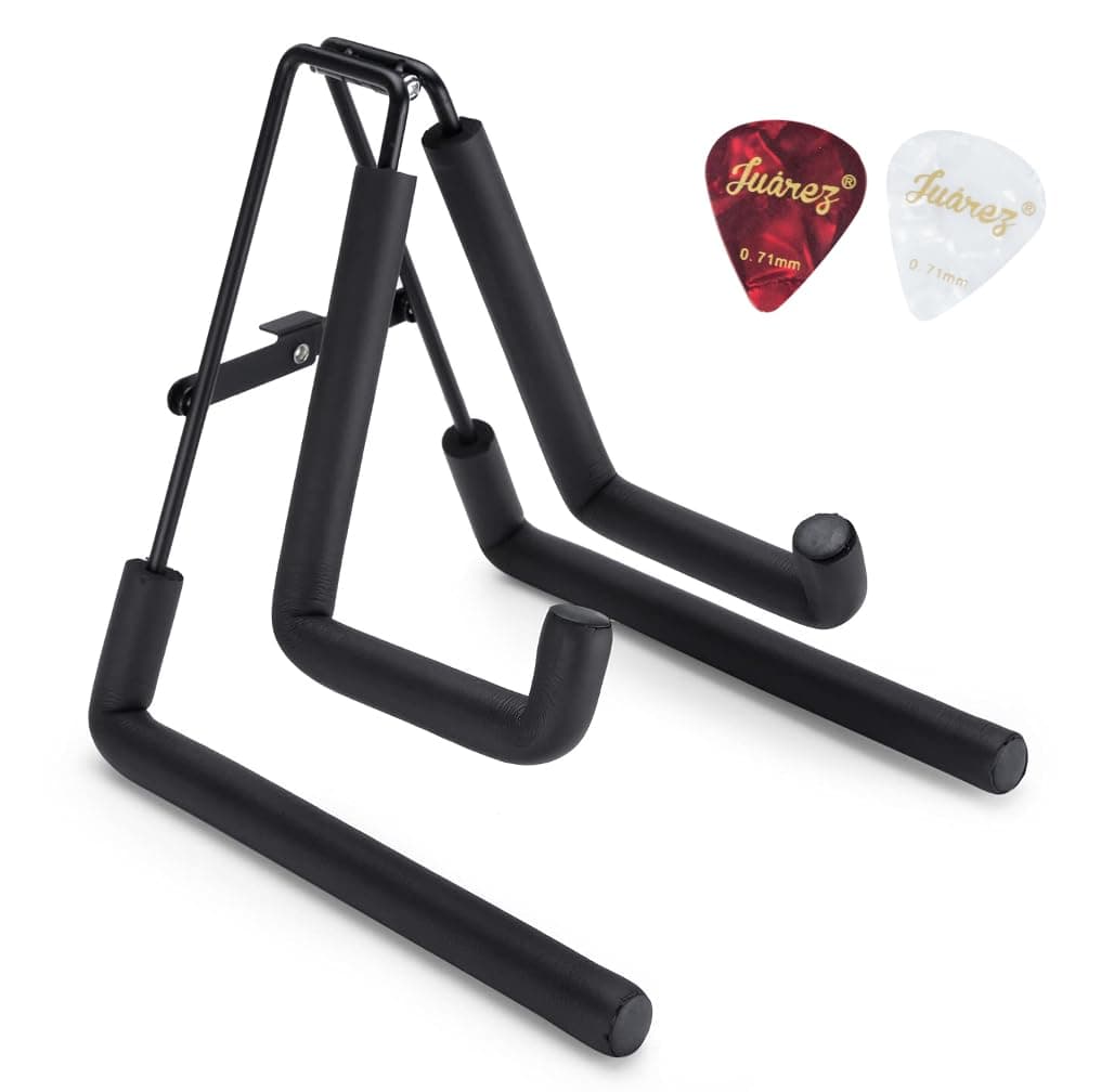 Juarez Ukulele Stand Floor Foldable Standing Holder for Uke Violin Instrument A Frame Metal Thick Sponge Padded Non-slip Portable Black with 2 Picks