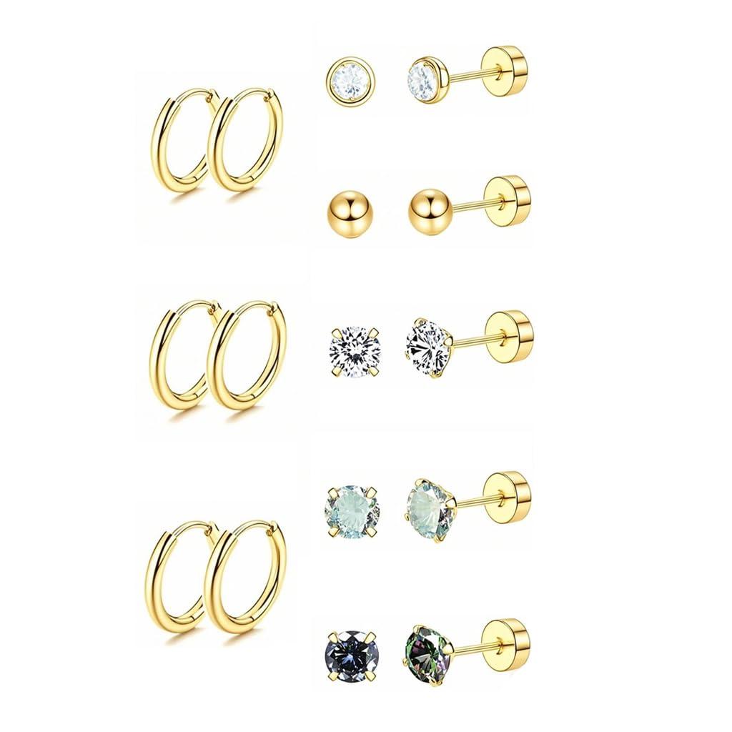 SANNIDHI 8 Pairs Earrings Set for Women Gold Rhinestones Bead Hoop Studs