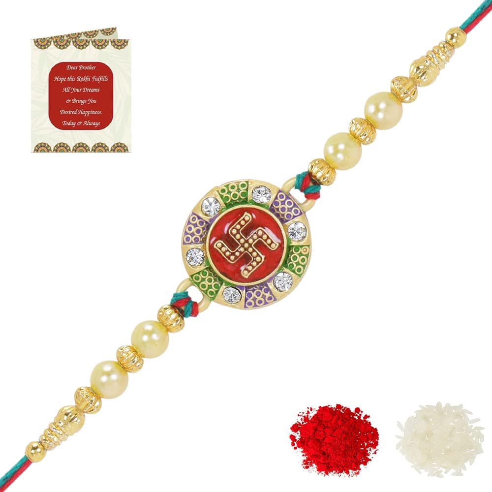 Riddhika Ventures Religious Gold Plated Meenakari Sacred Ganesha Rakhi with Roli Chawal and Greeting Card (P5)