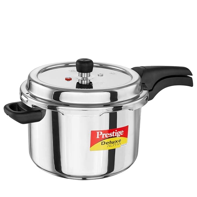 Prestige 6.5 Litre Stainless Steel Deluxe Alpha Svachh Outer Lid Pressure Cooker | 10Y Warranty | Deep Lid for Spillage Control | TRIPLY Base | Gasket Release System | Gas & Induction Compatible | ISI